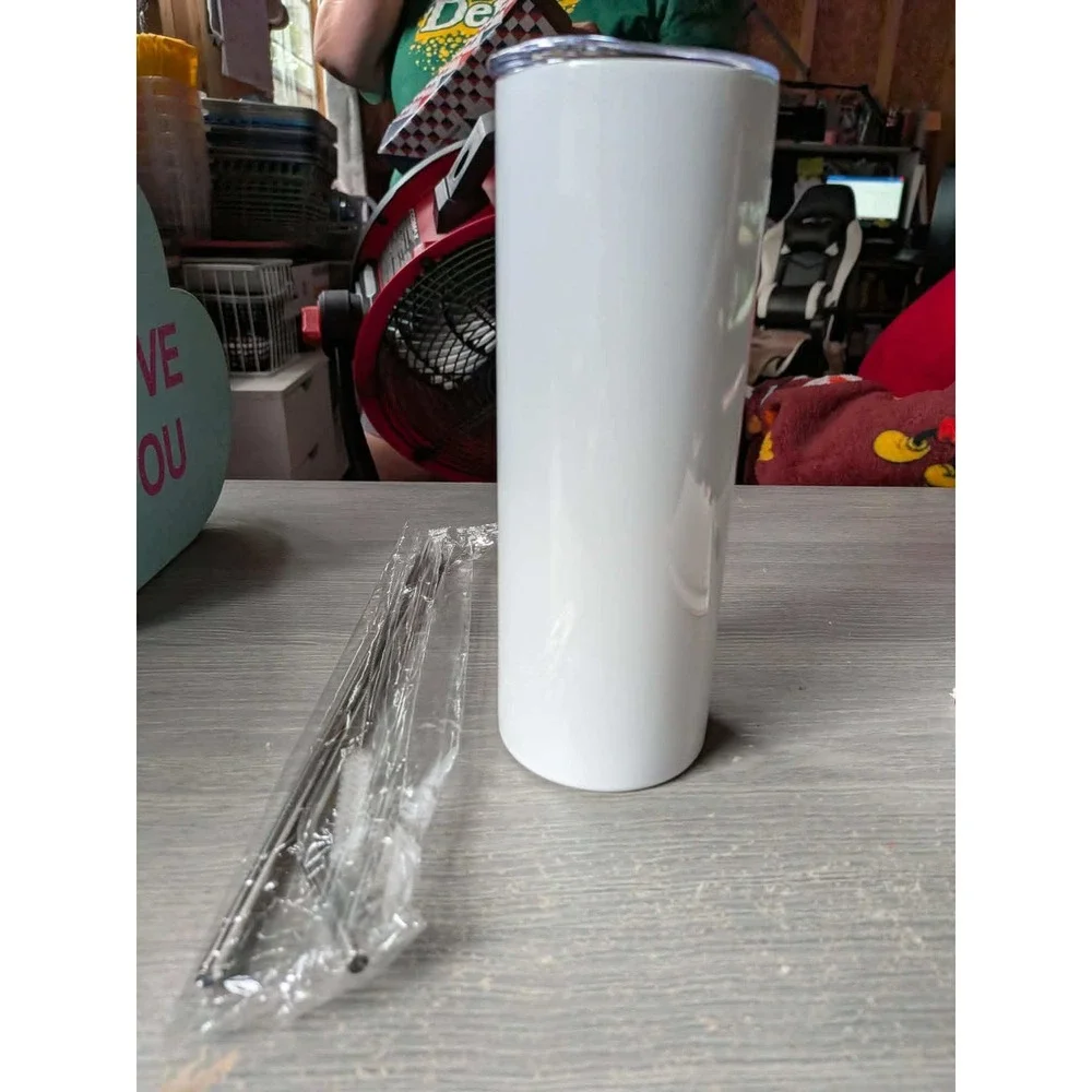 10ct White 20oz Skinny Tumbler Sublimation Blank with Metal Straws and Brush NEW